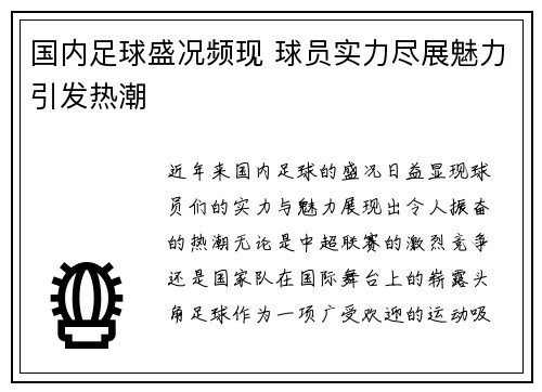 国内足球盛况频现 球员实力尽展魅力引发热潮
