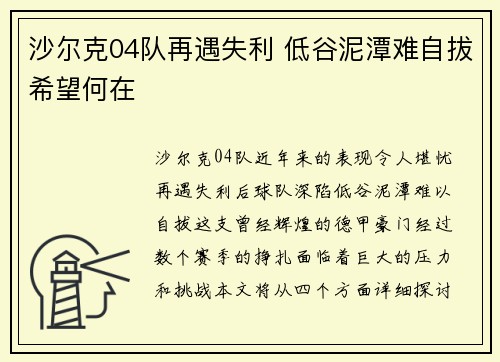 沙尔克04队再遇失利 低谷泥潭难自拔希望何在