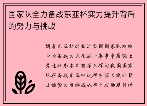 国家队全力备战东亚杯实力提升背后的努力与挑战