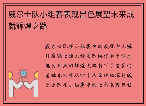 威尔士队小组赛表现出色展望未来成就辉煌之路