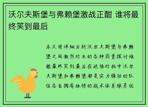 沃尔夫斯堡与弗赖堡激战正酣 谁将最终笑到最后