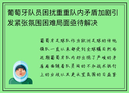葡萄牙队员困扰重重队内矛盾加剧引发紧张氛围困难局面亟待解决