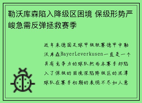 勒沃库森陷入降级区困境 保级形势严峻急需反弹拯救赛季