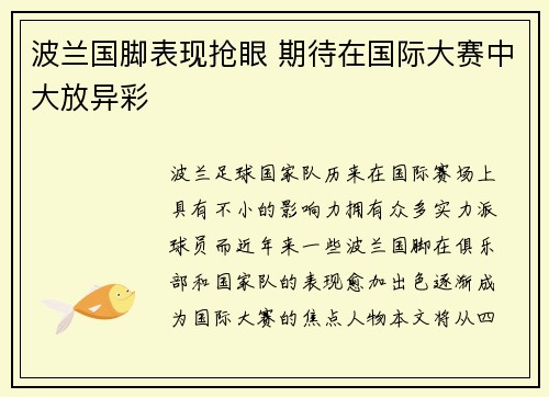 波兰国脚表现抢眼 期待在国际大赛中大放异彩