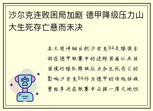 沙尔克连败困局加剧 德甲降级压力山大生死存亡悬而未决