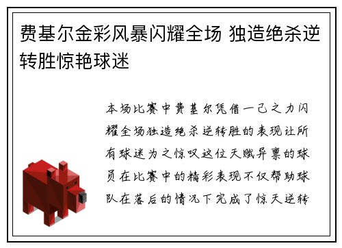 费基尔金彩风暴闪耀全场 独造绝杀逆转胜惊艳球迷
