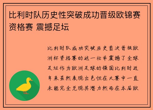 比利时队历史性突破成功晋级欧锦赛资格赛 震撼足坛