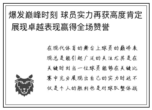 爆发巅峰时刻 球员实力再获高度肯定 展现卓越表现赢得全场赞誉