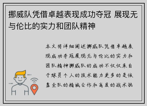 挪威队凭借卓越表现成功夺冠 展现无与伦比的实力和团队精神