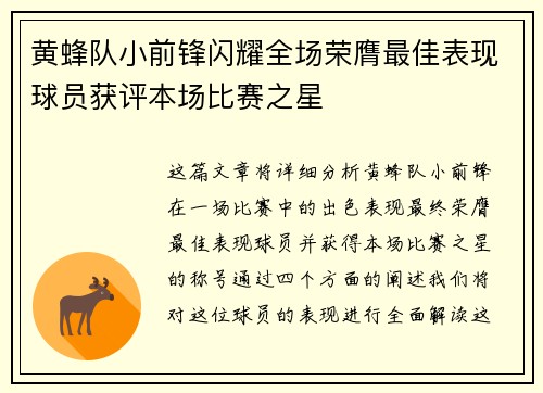 黄蜂队小前锋闪耀全场荣膺最佳表现球员获评本场比赛之星