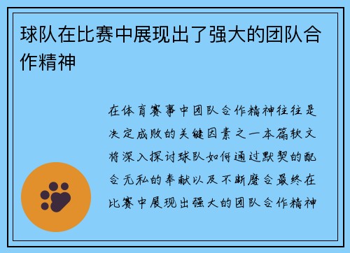 球队在比赛中展现出了强大的团队合作精神