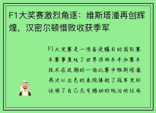 F1大奖赛激烈角逐：维斯塔潘再创辉煌，汉密尔顿惜败收获季军