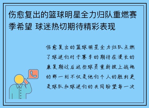 伤愈复出的篮球明星全力归队重燃赛季希望 球迷热切期待精彩表现