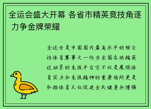 全运会盛大开幕 各省市精英竞技角逐 力争金牌荣耀